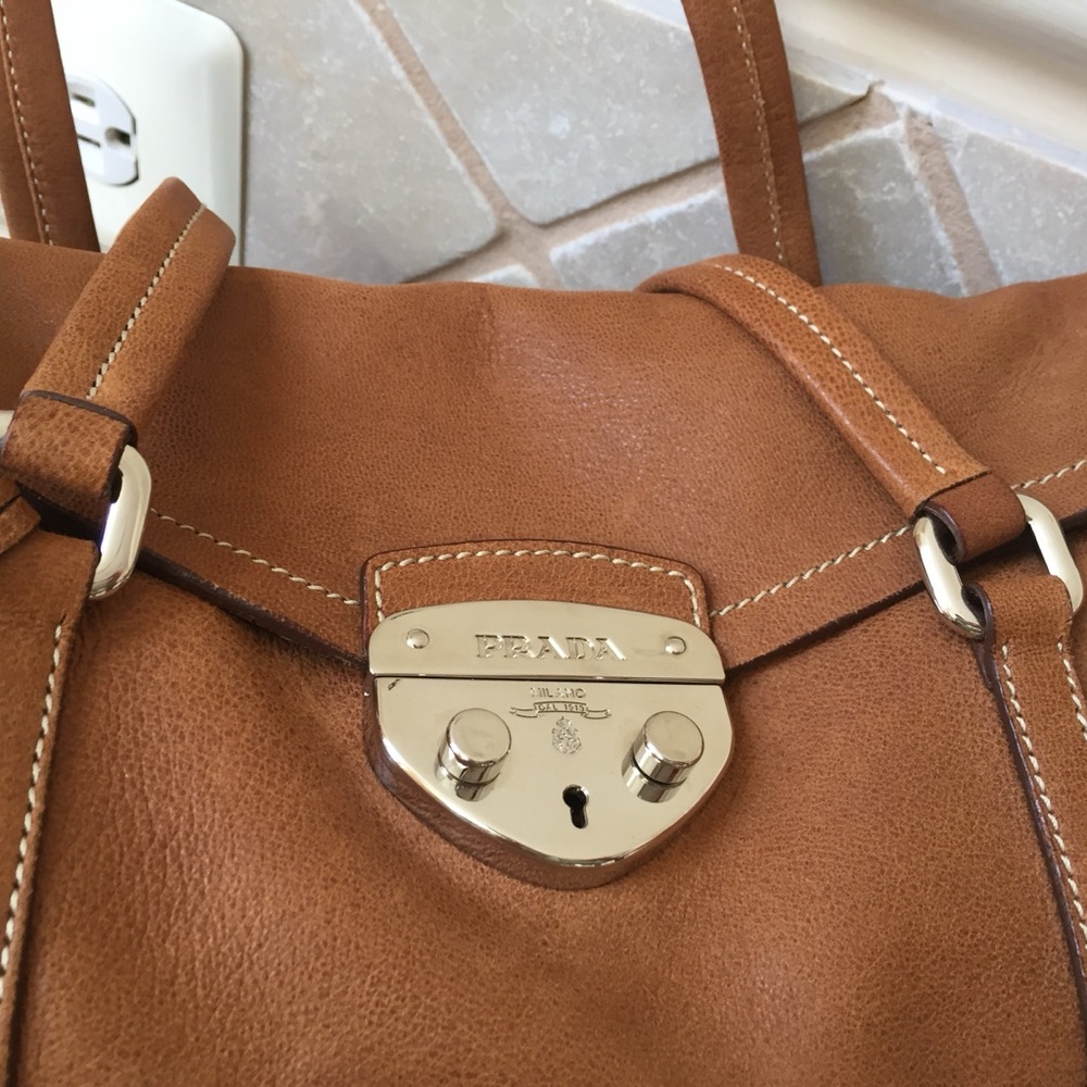 Prada Cognac Leather Handbag with Silver-Tone Lock - Picture 7 of 11